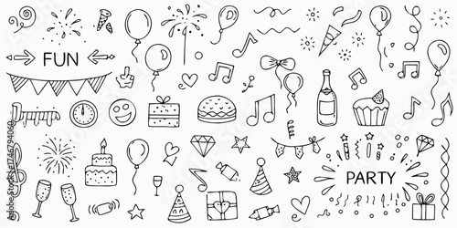 Collection of hand drawn doodle elements for celebration and party events with fun and music themes