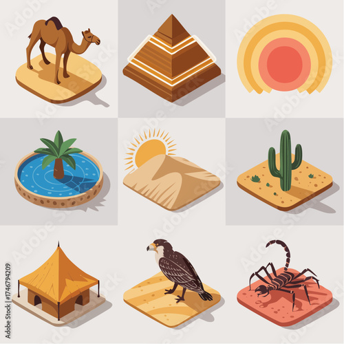 Vibrant isometric desert scenes capture iconic elements like camels, pyramids, cacti, and nomadic tents, perfect for travel and cultural projects.