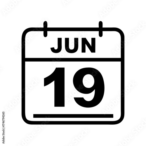 Vector art of a simple, clean, black and white illustration of a calendar page showing the month of june and the 19th day, isolated on a