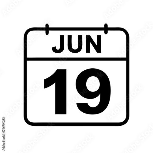 Vector art of a simple, clean graphic illustration of a calendar page showing the month of june and the number 19, isolated on a