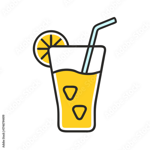 Vector art of a refreshing glass of yellow lemonade with ice cubes and a slice of lemon on the side, served with a blue straw