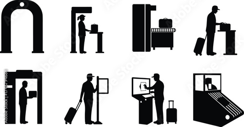 Airport security and check-in vector icons set showing scanners, baggage screening, kiosks, counters, passengers, luggage systems, and travel safety illustration"