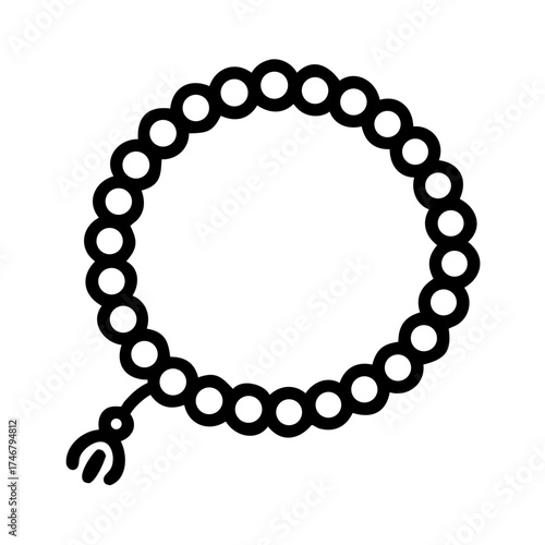 Vector art of a simple, clean line art icon of a mala or prayer beads, symbolizing spirituality, meditation, and mindfulness, isolated on a
