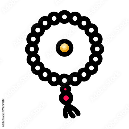 Vector art of a simple, stylized illustration of a mala prayer bead necklace, featuring black beads and a gold center bead, with a red tassel