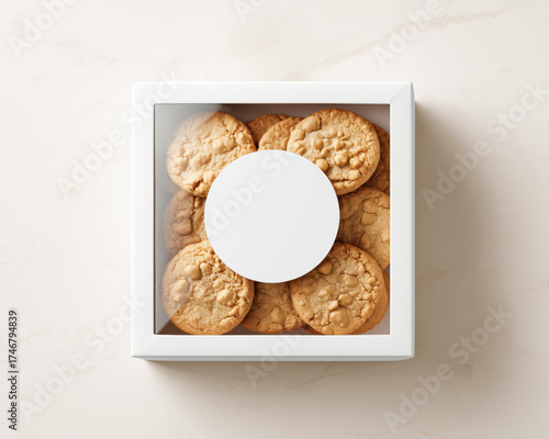 Freshly baked cookies packaged in a white bakery box with a transparent window and blank mockup round label