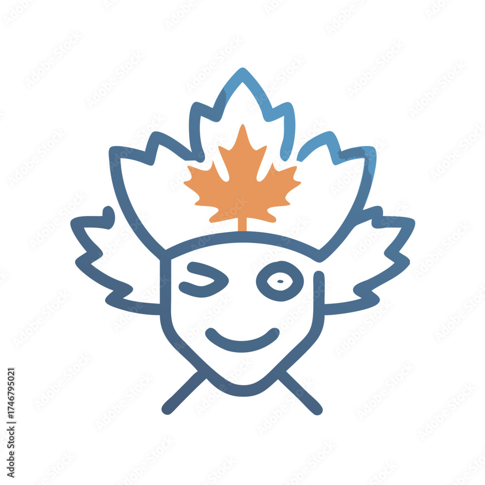 Fototapeta premium Vector art of a whimsical cartoon character with a maple leaf as a headdress, winking and smiling, representing canada and its national symbol