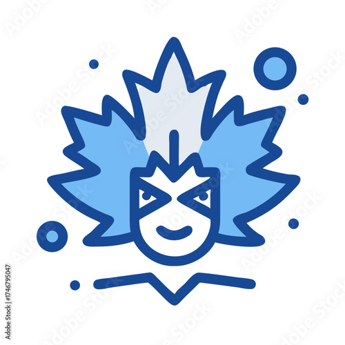Vector art of stylized blue icon of a canadian maple leaf with a face, representing winter or a frosty character, isolated on a