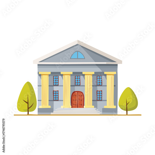 Classic Bank Building with Columns and Trees – AI Generated