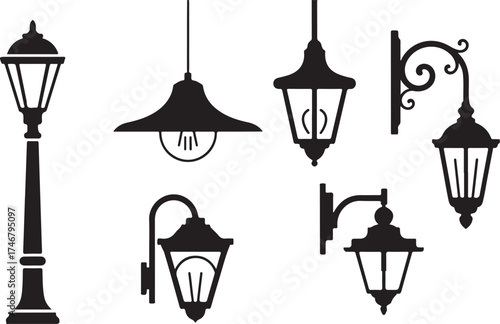 Collection of black outdoor and indoor lamps and lanterns light