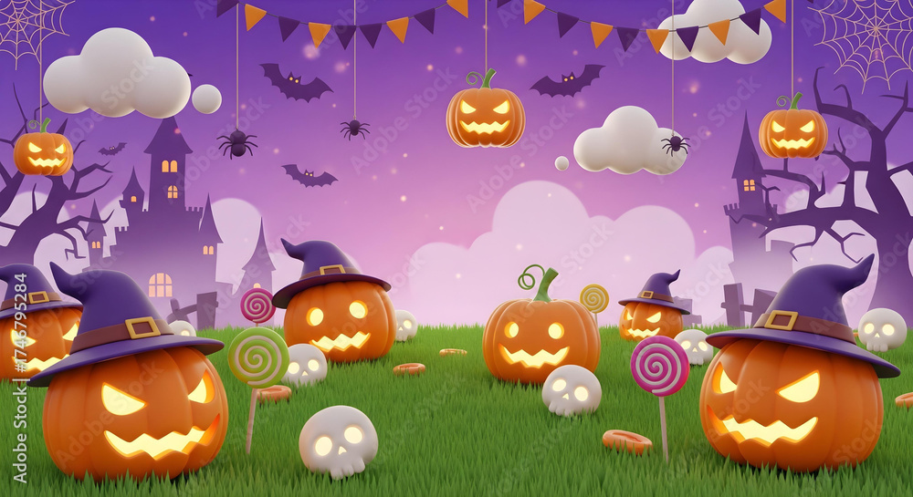 Obraz premium Spooky halloween night scene with jack-o'-lanterns ghosts and haunted trees