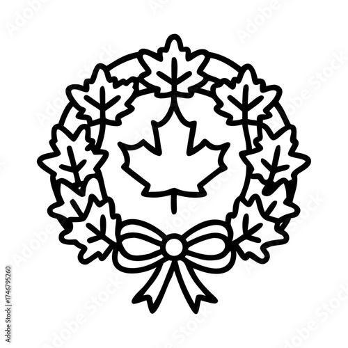 Vector art of canadian maple leaf wreath with bow, , a symbol of national pride and remembrance, perfect for canada day and remembrance day celebrations, graphic illustration