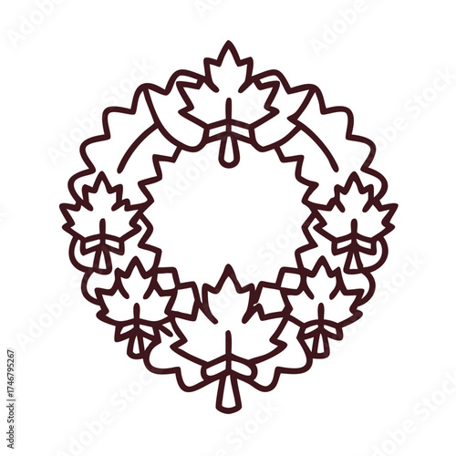 Vector art of canadian maple leaf wreath, a circular emblem featuring stylized maple leaves and a ribbon, , symbolizing national pride and autumn