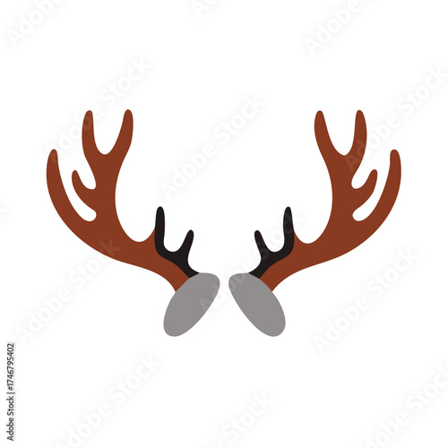 Vector art of a pair of brown reindeer antlers with grey ear accents, isolated on a, representing a festive holiday accessory or costume element