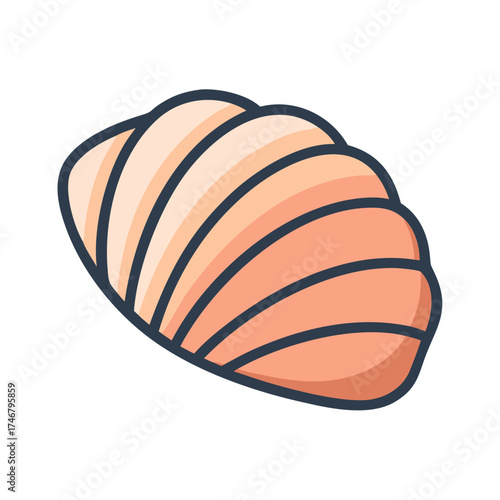 Vector art of a simple, stylized illustration of a light beige scallop seashell with turquoise blue outlines and highlights, isolated on a