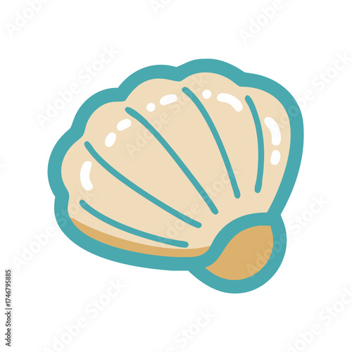 Vector art of a simple, stylized illustration of a light beige scallop seashell with turquoise blue outlines and highlights, isolated on a