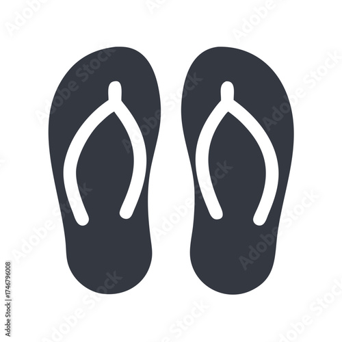 Vector art of a pair of dark grey flipflops with white straps, presented as a simple, clean graphic icon, isolated on a, symbolizing summer footwear and casual style