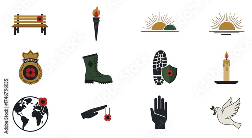 Collection of Remembrance Day Symbols and Elements in Minimalist Vector Icons Design