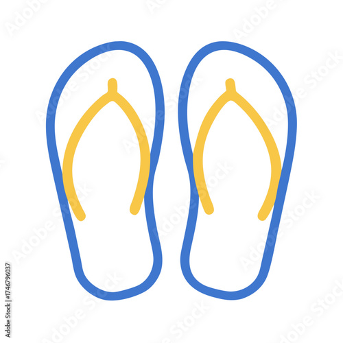 Vector art of a pair of blue and yellow flipflops isolated on a, representing summer footwear and beach accessories