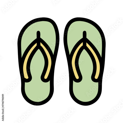 Vector art of a pair of light green flipflops with yellow straps, presented as a simple, clean icon or illustration, isolated on a