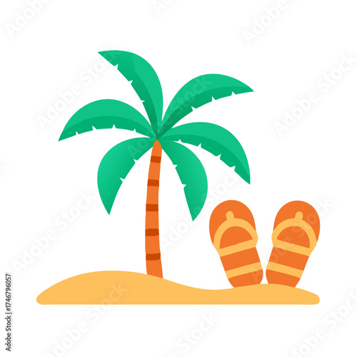 Vector art of a simple and colorful illustration of a palm tree on a sandy beach with a pair of orange flipflops