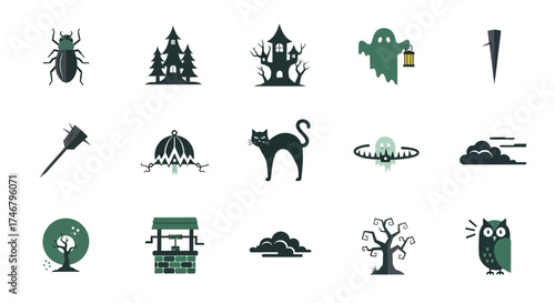 Halloween Icons Spooky Black Cat, Haunted House, and Ghost with Lantern - Vector Set