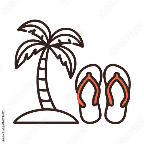 Vector art of simple line art illustration of a palm tree on a small island next to a pair of flipflops