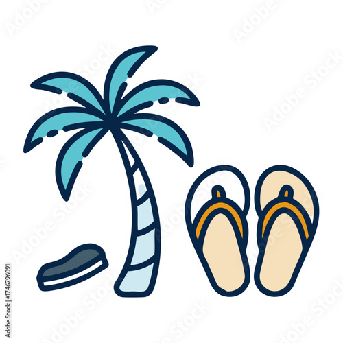 Vector art of a simple cartoon illustration of a palm tree with a pair of flipflops and a single shoe on a, evoking a sense of vacation and relaxation