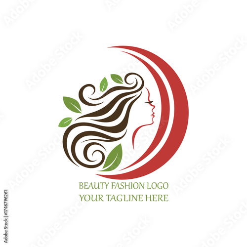 Beauty Fashion Logo with Woman Silhouette, Hair and Leaves Design