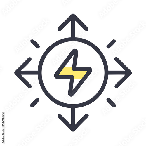 Vector art of a stylized icon representing energy or electricity radiating outwards from a central lightning bolt symbol, isolated on a
