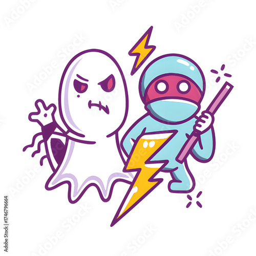 Scary ghost confronting superhero with lightning and magic wand