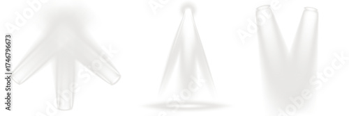 PNG collection of glowing gray spotlights. Elegant luminous beams and soft shining rays. Beautiful modern lighting effect for stage visuals, events, or creative digital designs.
