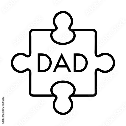 Vector art of a simple black and white line art illustration of a single puzzle piece with the word dad in the center, isolated on a, symbolizing fatherhood and family connection
