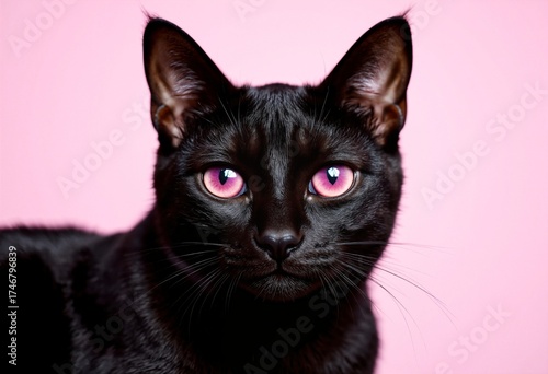 A mystical black cat with bright pink eyes, sitting against a soft pink background