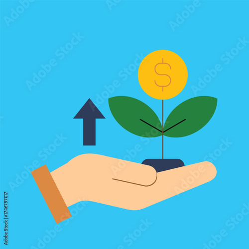 Illustration of a hand holding a sapling with a gold dollar coin, representing successful investment, business savings, and economic prosperity