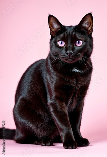 A mystical black cat with bright pink eyes, sitting against a soft pink background