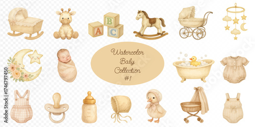 Watercolor baby collection with cradle, rocking horse, moon, mobile, stroller, bath, bottle, pacifier, dress, giraffe, swaddled newborn, and cozy beige nursery elements in soft pastel tones. Vector il
