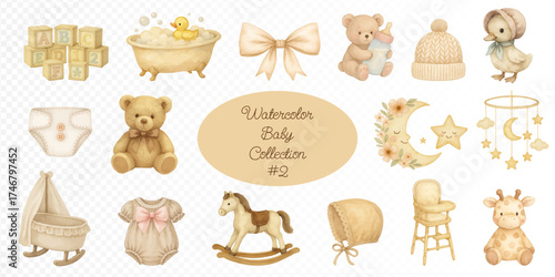 Watercolor baby collection with teddy bear, cradle, rocking horse, moon mobile, bath, bow, diaper, giraffe, dress, hat, and cozy nursery elements in warm beige and gold tones. Vector illustration.