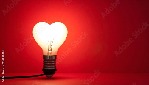 A red background with one light bulb shining and forming a heart