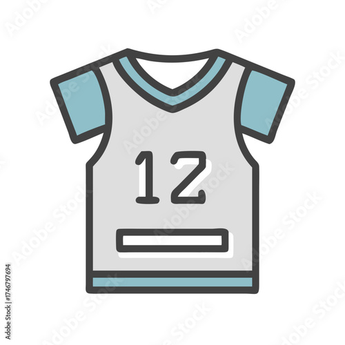 Vector art of a light gray basketball jersey with blue trim and the number 12 on the front, isolated on a this graphic represents sports apparel and athletic wear