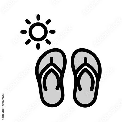 Vector art of a pair of brown and blue flipflops are placed on a white surface, with a stylized yellow sun shining brightly in the upper right corner, suggesting a summer or vacation theme