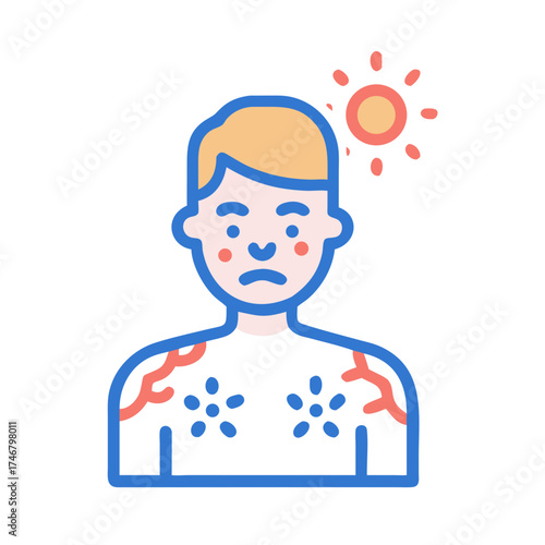 Illustration of a person suffering from sunburn, with red patches and a sad expression, under a hot sun