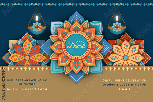 Happy Diwali poster with Indian decorative colorful mandala and typographic design celebrating Diwali