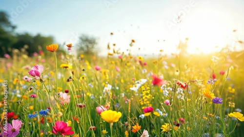 Vibrant field of wildflowers in full bloom bathed in warm sunlight during sunrise with clear blue skies.
