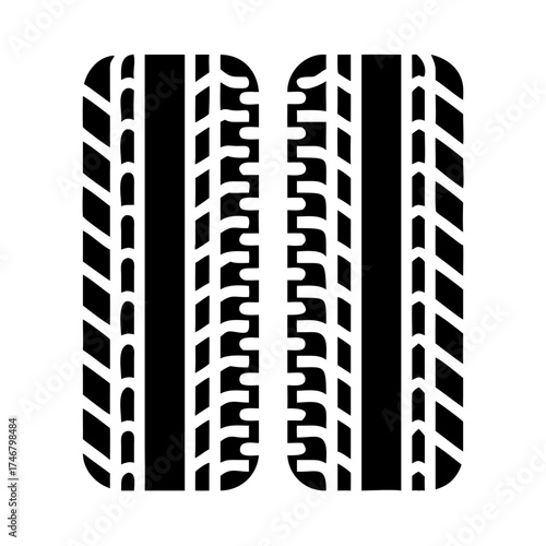 Vector art of two black tire tracks isolated on a, representing automotive, transportation, and tread patterns
