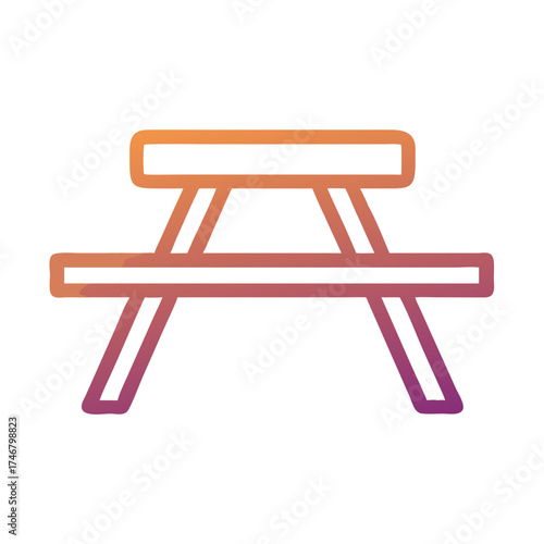 Vector art of a simple line art illustration of a picnic table with a gradient from orange to purple, isolated on a