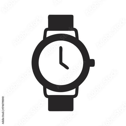 Vector art of a simple, modern, black and white icon of a wristwatch, isolated on a, representing time, punctuality, and accessories