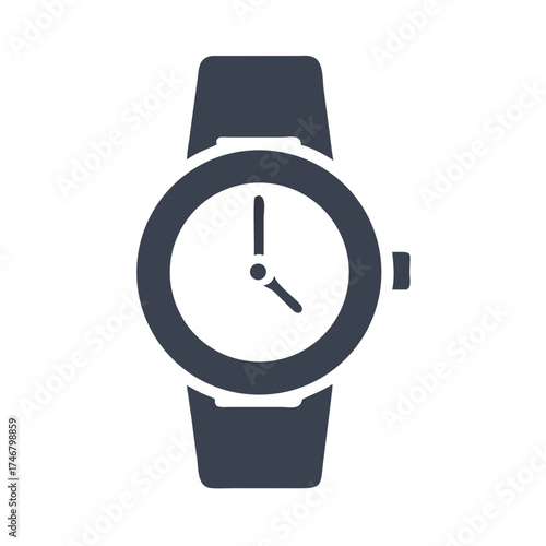 Vector art of a simple, modern illustration of a blue analog wristwatch with a dark blue strap, isolated on a, representing time, punctuality, and fashion accessories
