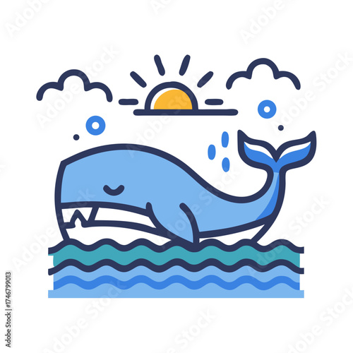 Vector art of a cute blue whale breaching from the ocean waves at sunrise, with sun rays and clouds in the background, representing marine life and a new day
