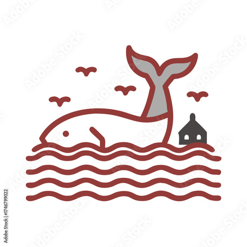 Vector art of stylized illustration of a whale breaching in wavy water near a small house and seagulls