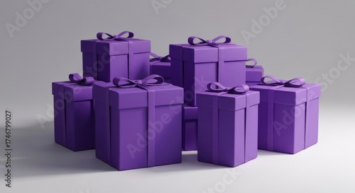 Purple presents stacked, ribboned, square boxes against a pale background